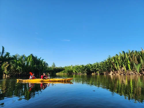 a yellow double kayak on the serene waters of the river, escorted by the palm forest